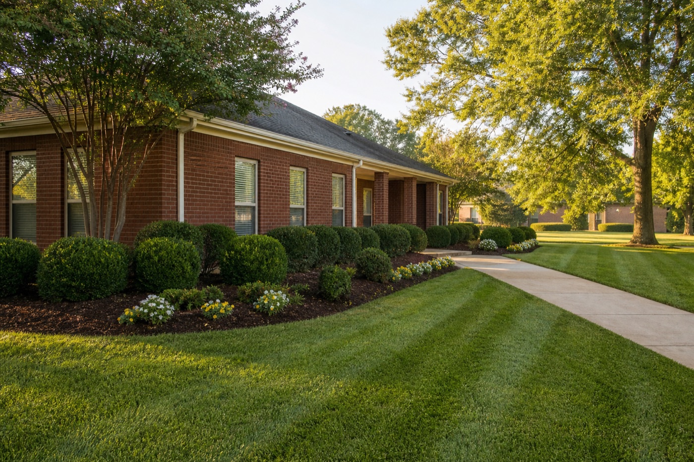 Freshly maintained commercial lawn and landscaping at a brick office