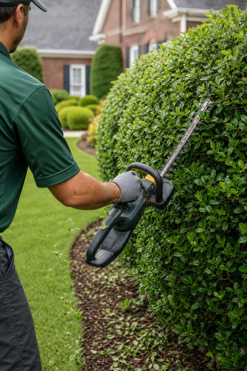 Lawn care professional carefully trimming a residential hedge
